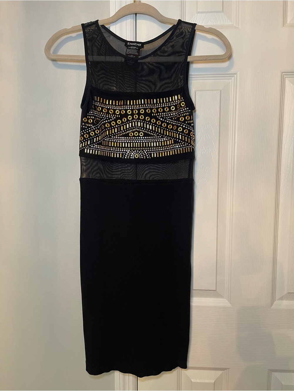 bebe Black Mesh Panel Bodycon Dress with Beaded Accents
